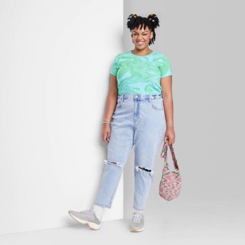 Wild Fable Plus Super-High Rise Distressed Mom Taper Jeans - Light Blue Wash 26W